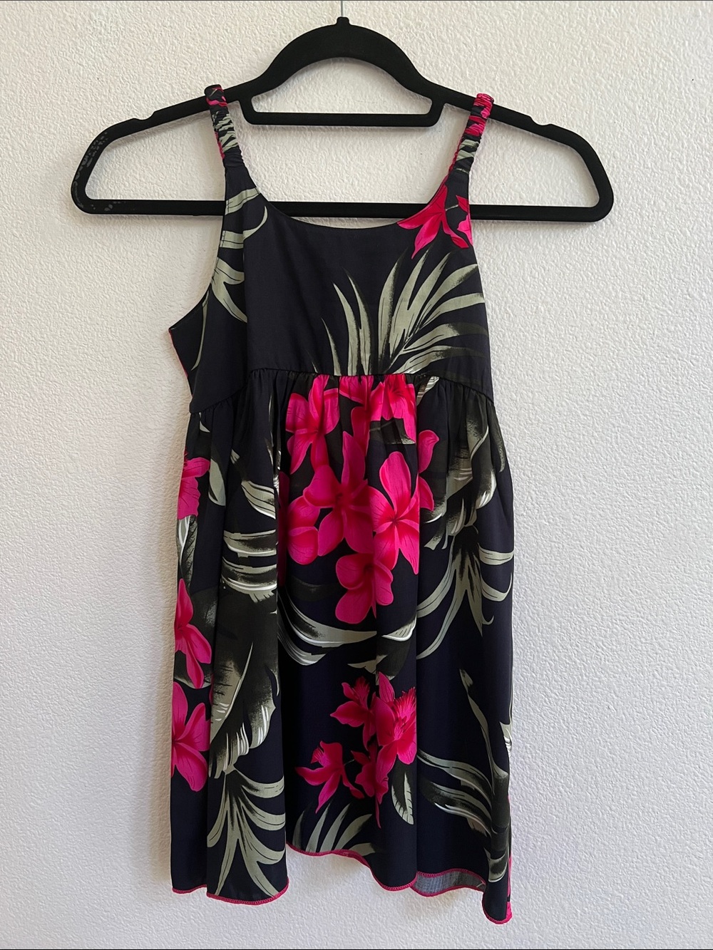 FAVANT HAWAII Midi Dress Elastic Straps Hibiscus Floral Hot Pink/Black Girl 7/8